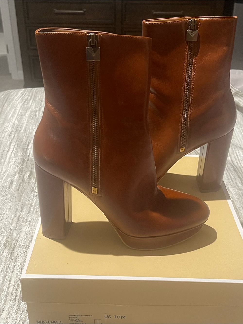 Michael Kors Cognac Leather Platform Ankle Boots